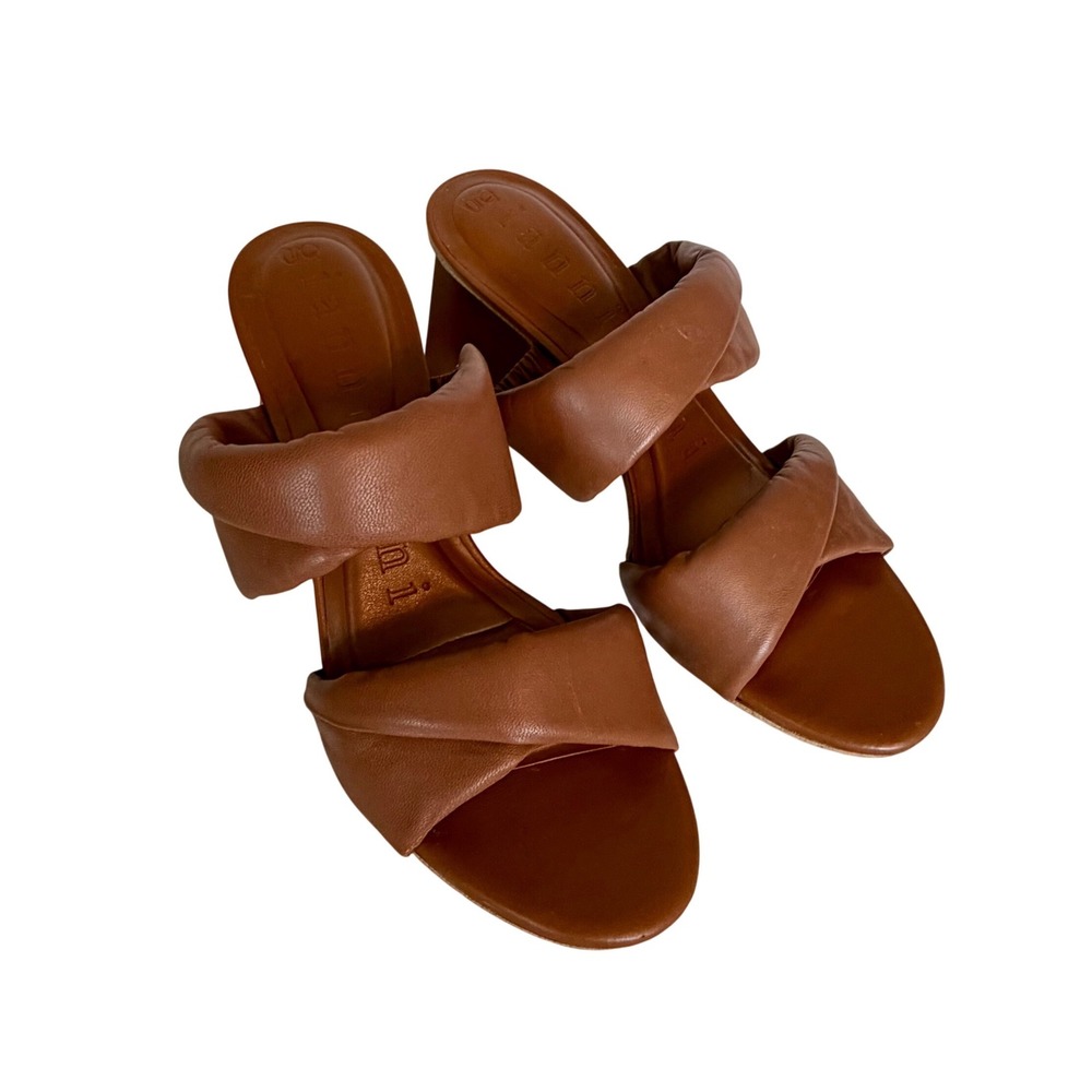 Gianni Bini Lorri Tan Leather Padded Twist Strap Block Heel Sandals 8.5M